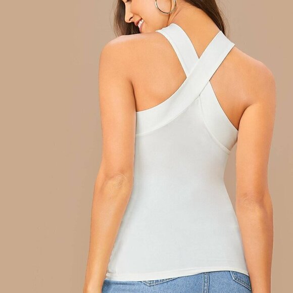 White Casual Women's Form-Fitting Crisscross Halter Top - Picture 2 of 6